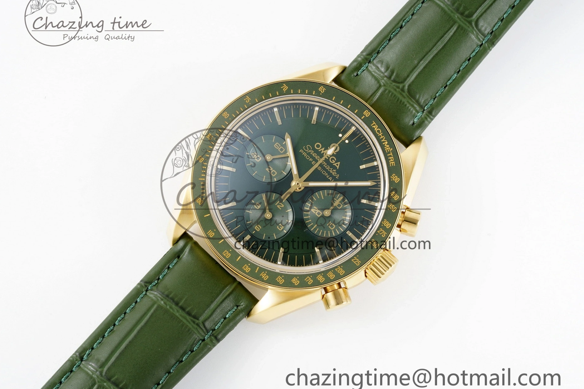 0404 Speedmaster Moonwatch in Moonshine Gold YG RMF Best Edition Green Dial on Green Leather Strap Manual Chrono EasyCare 7832